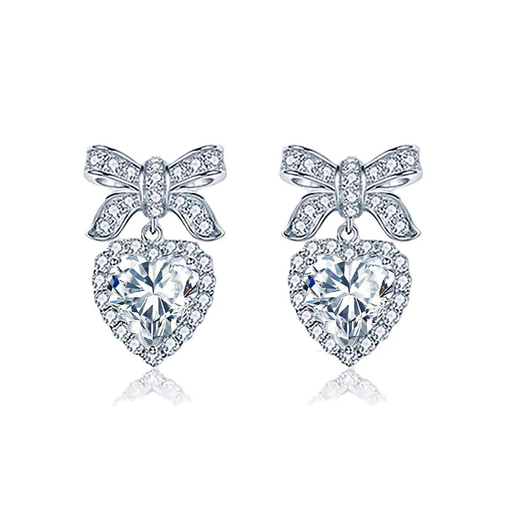 

0.5CT D Color Heart & Bow Moissanite Stud Earrings, S925 Sterling Silver Plated White Gold Women's Jewelry