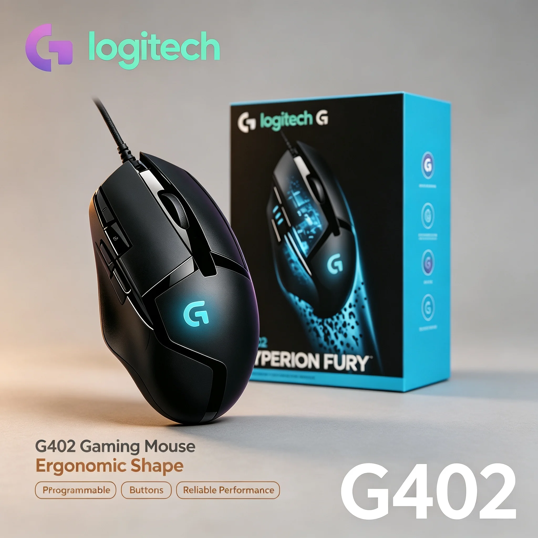 Logitech G402 Hyperion Fury Gaming Mouse Wired Ergonomic Grip RGB 8 Programmable Buttons For PC Gamer