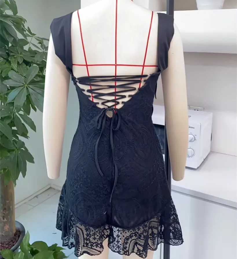 hirigin Lace Hollow Out Bandage Sexy Mini Dress For Women Robe Spaghetti Strap Backless Bodycon Sexy Party Club Print Dress image 3