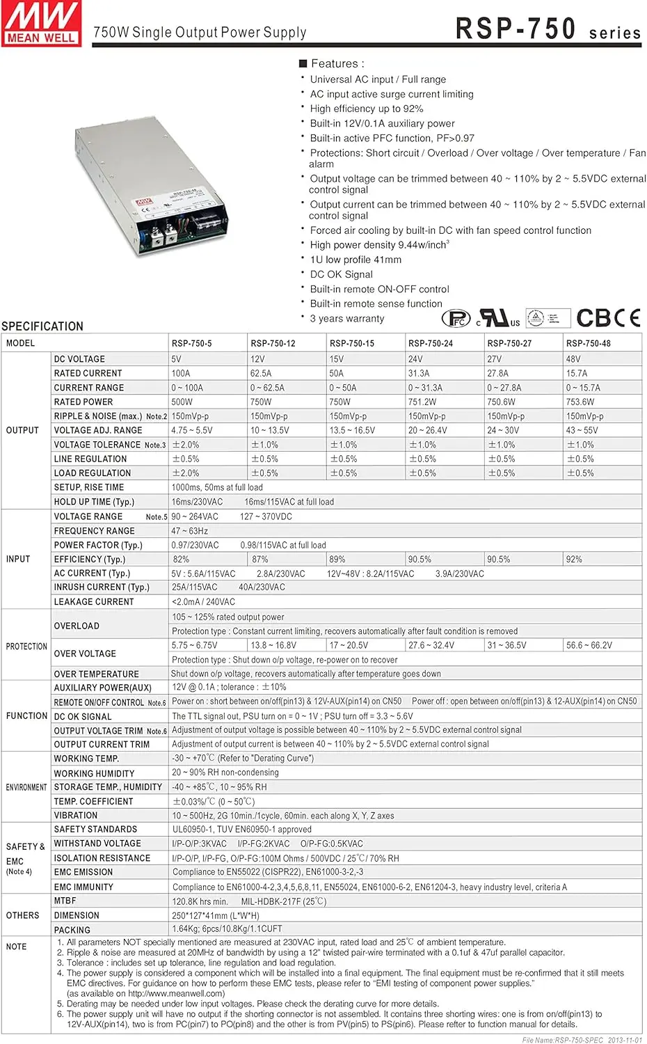 Programmable 750.6W 27V 27.8A Rsp-750-27 Ac-Dc Single Output Rsp-750 Series Mean Well Switching Power Supply