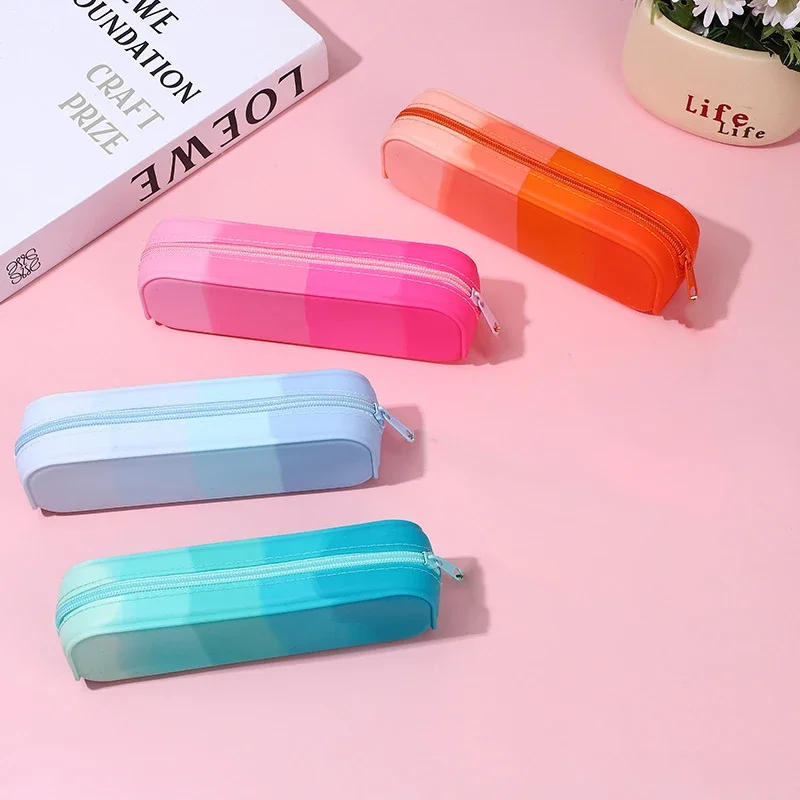 

1Pcs Pencil Case Kawaii Creative Gradient Color Large Capacity Silicone Pen Bag Student Stationery Storage Bag School Supplies