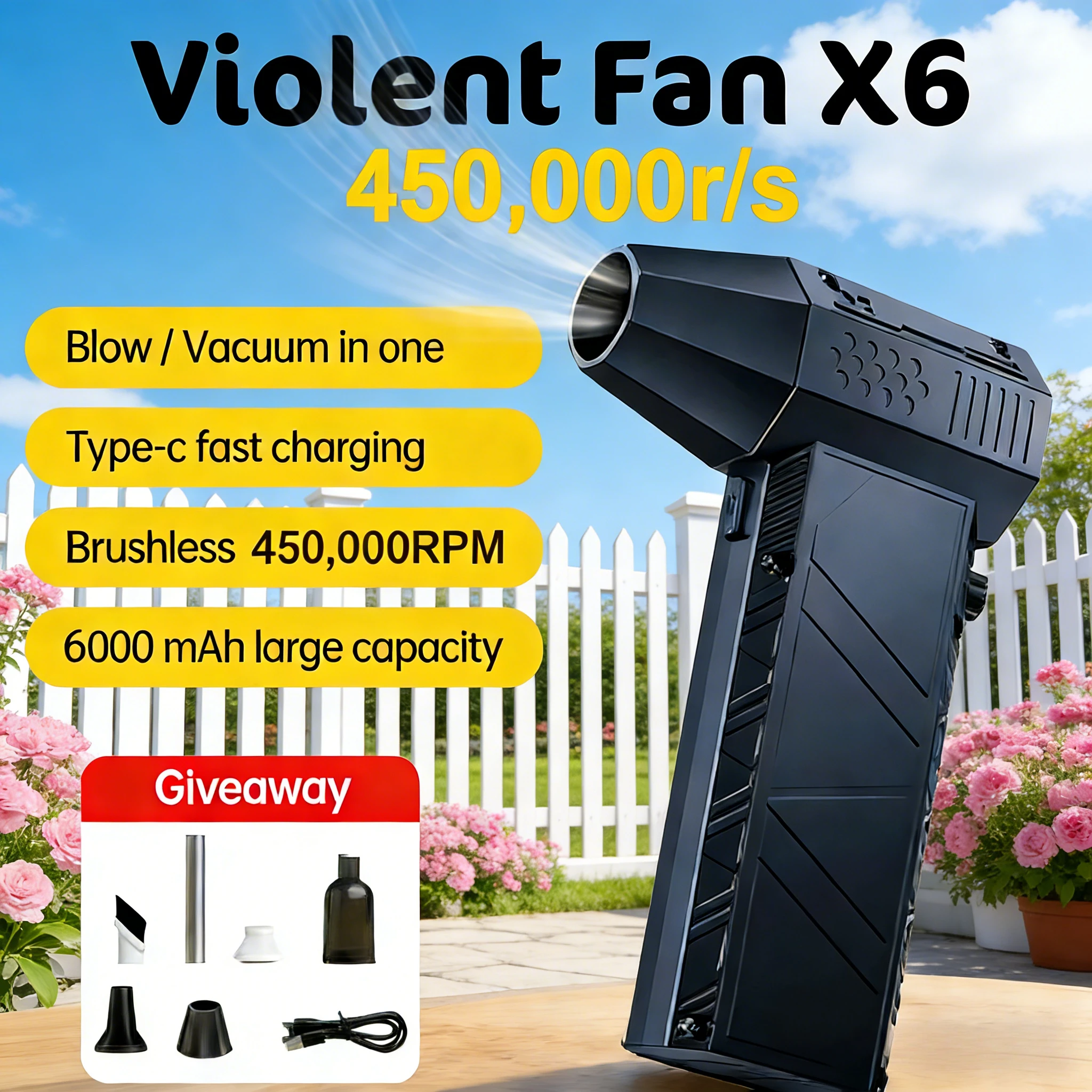 

450000RPM X6 Blower Vacuum | 2-in-1 Brushless Strong Wind Cleaner | Fast Charging for Car/Computer