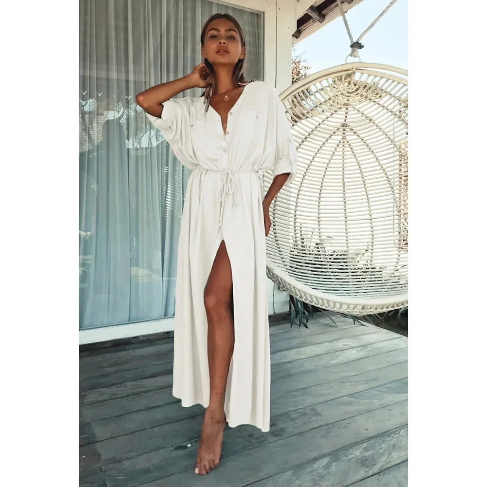 Bikini Cover-Ups Elegant Hollow Out Deep V-neck Summer Beach Dress White Cotton Tunic Women Beach Wear Swim Suit Cover Up