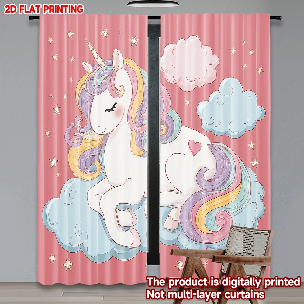 

2D flat printing 2pcs Curtains Unicorn Sleeping on Cloud Digital Printed Polyester Drapes Festive Holiday for Holiday Portraits