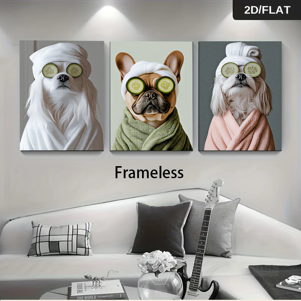 1 set of Pet SPA series three-panel frameless decorative paintings, cute dog with cucumber slices on its face, 2D flat design.