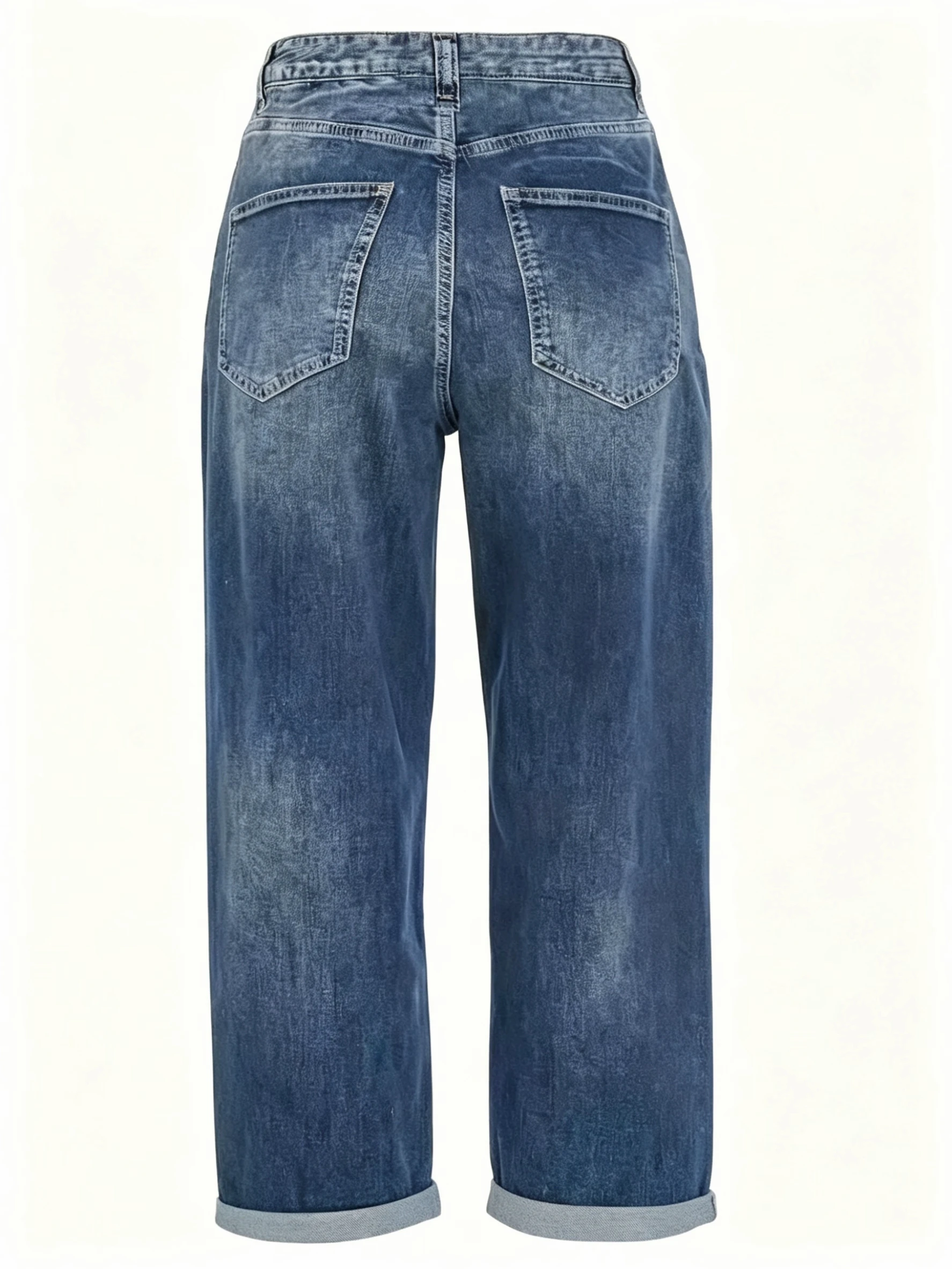 Women's Blue High-Waisted Jeans, Relaxed-Fit Slimming Straight-Leg Cropped Jeans with Rolled Hems
