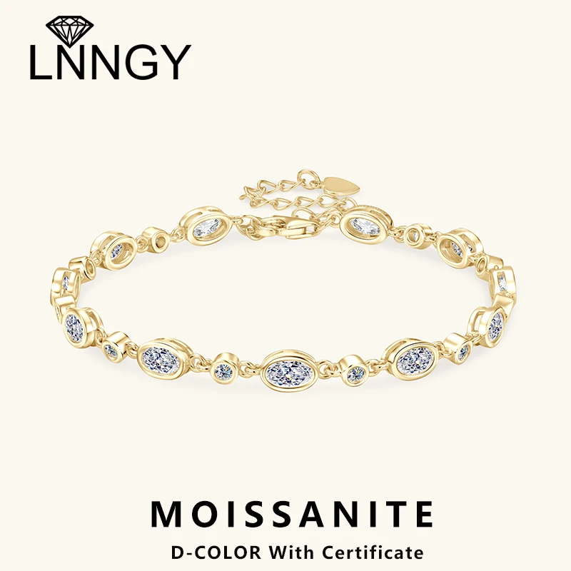 

Lnngy Pulseira Prata Регулируемый браслет из стерлингового серебра 925 пробы 2 мм и 3x5 мм Теннисный браслет из муассанита для женщин Цепочка Ювелирные изделия для рук