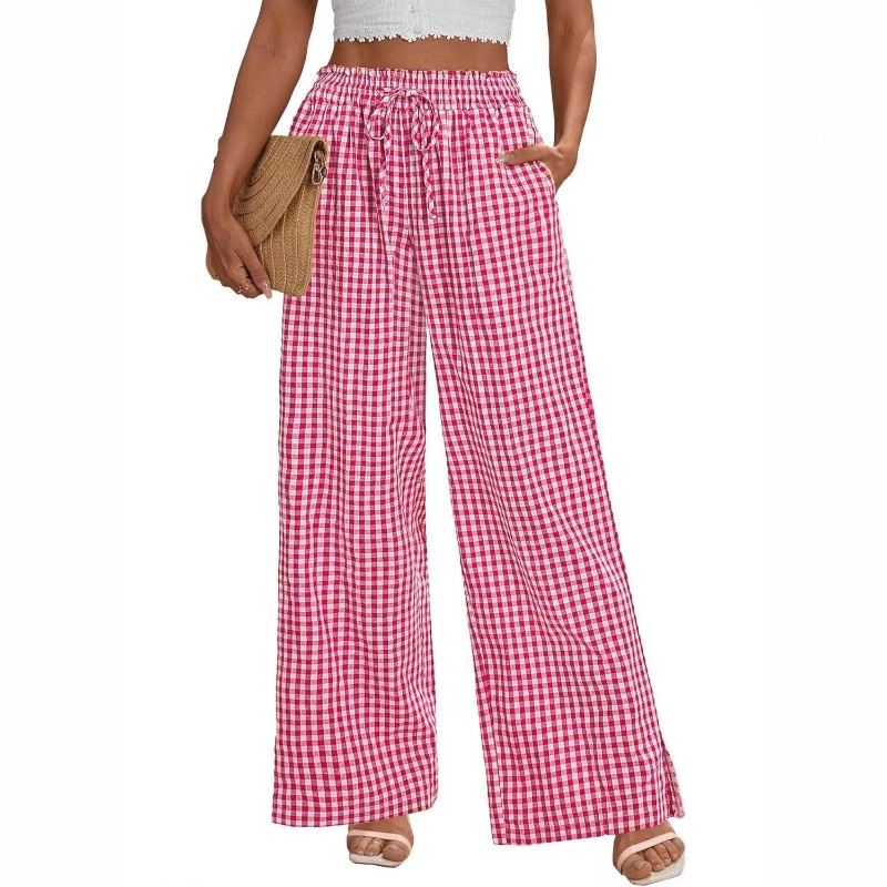 Geruite damesbroek met wijde pijpen en zakken voor herfst/winter Hoge taille Trekkoord Zwierig Casual modebroek voor Halloween