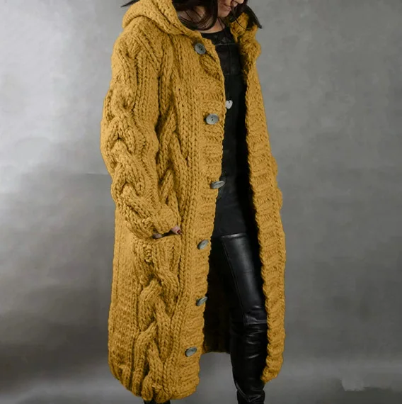 Damenpullover, neuer lässiger, lockerer, europäisch-amerikanischer Mode-Cardigan mit Umlegekragen, gestrickter langer Mantel, Pullovermantel in großen Größen – Detail 31