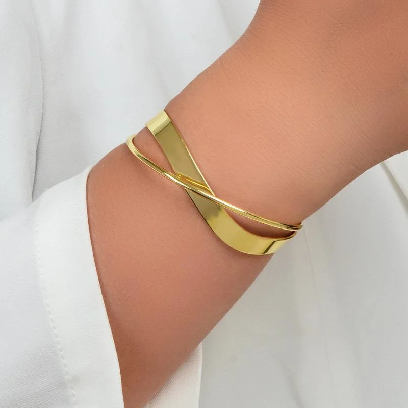 Exquisite Fashion Gold Silver Smooth Wave Double Infinite Twisted Cross Open Bracelet for Women Bangle Wedding Party Jewelry