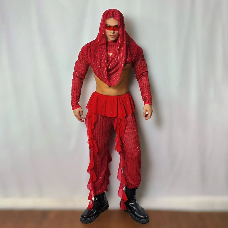 Męska odzież sportowa, stroje dla tancerzy gogo, egzotyczny czerwony kostium sceniczny, strój na imprezę w klubie nocnym, barze, na festiwal, VDL4399