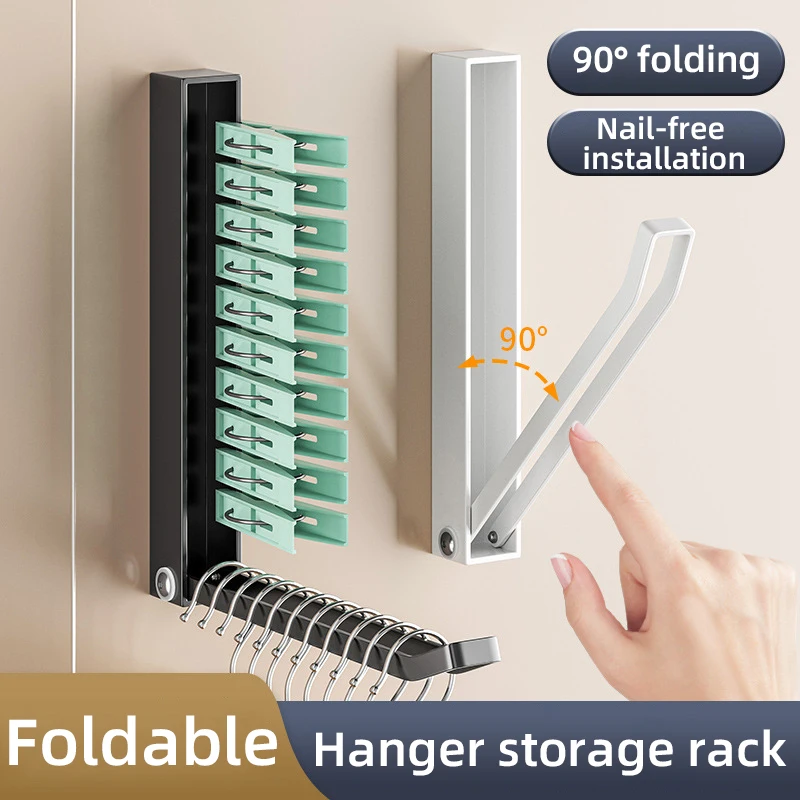 Folding Clothes Drying Rack Collapsible Closet Organizer Space Saving Bathroom Wall Mounted Foldable Clothes Clip Storage Rack