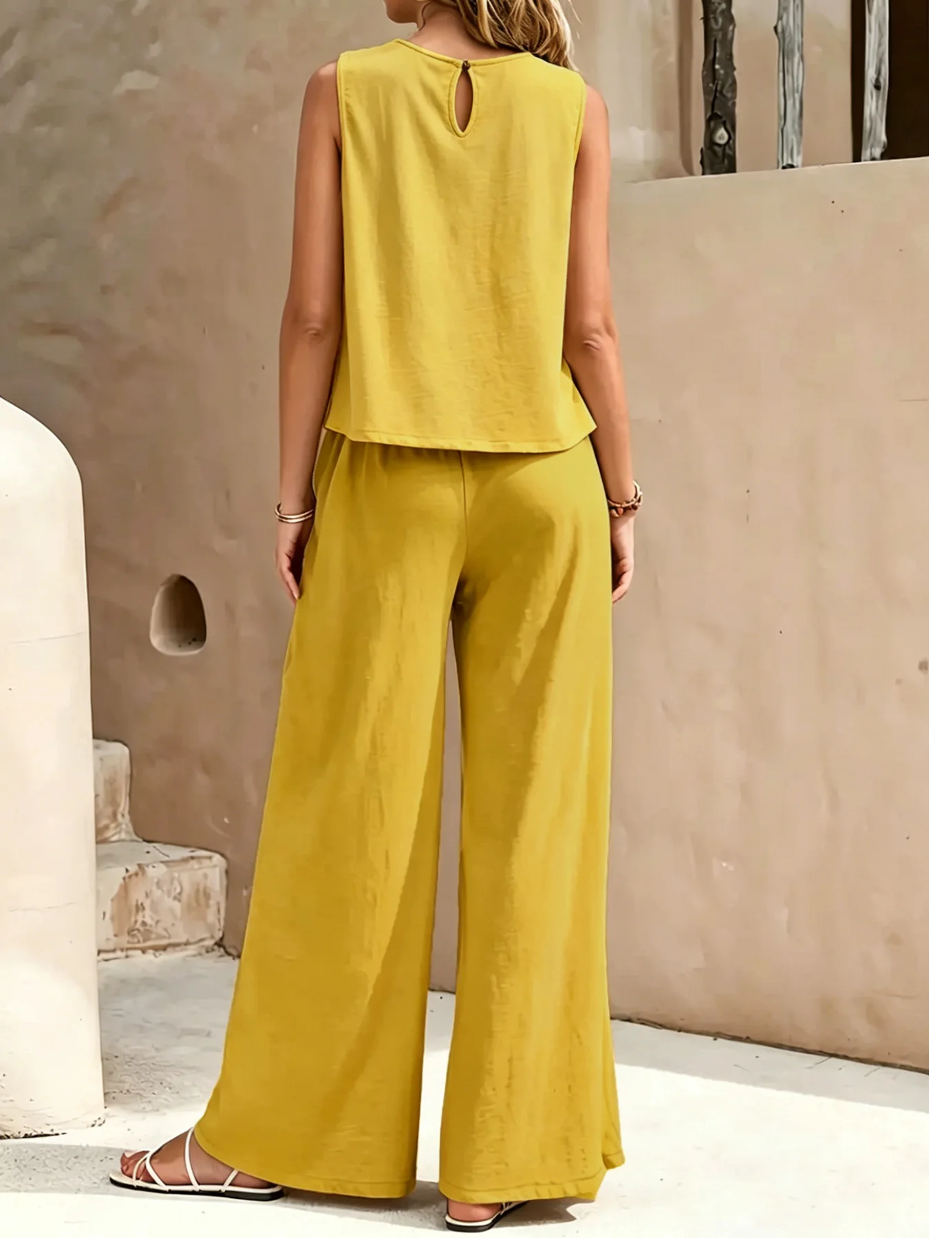Women's Linen-Look Two-Piece Set, Sleeveless Side Button Top & Pocket Wide Leg Pants, Summer Loose Casual Outfit