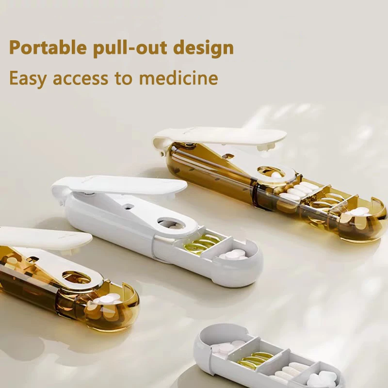2 In1Pill Box with Pill Cutter 4 Grids Portable Daily Compact Medicine Dispenser Sealed Mini Clear Tablet Taker for Home Travel