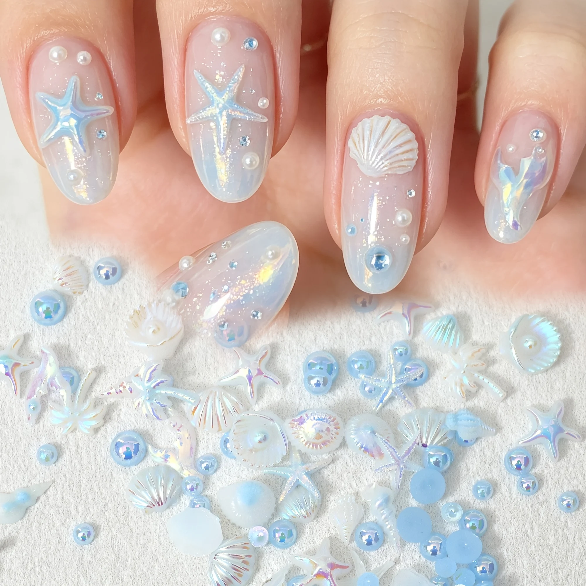50Pcs Mixed Starfish & Shell Nail Charms, White Pink‑Blue Mixed‑Size AB Flat‑Back Pearls, Resin Nail & Craft Decor