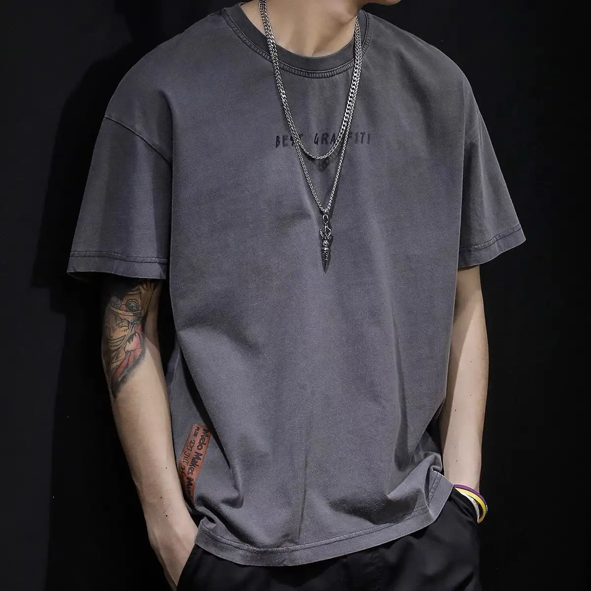 Round Neck Fashion Casual Loose T-Shirts Pullovers Handsome Simplicity Short Sleeve Solid Patchwork Letter Men's Clothing 2023
