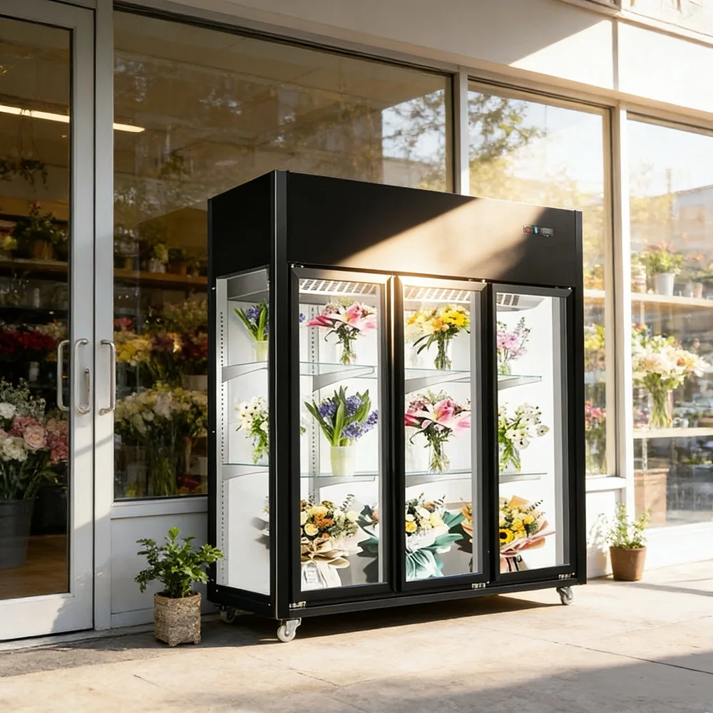 900L Refrigerated Transparent Flower Preserver/Display Fridge for Florist Shop - Drain- Commercial Cabinet