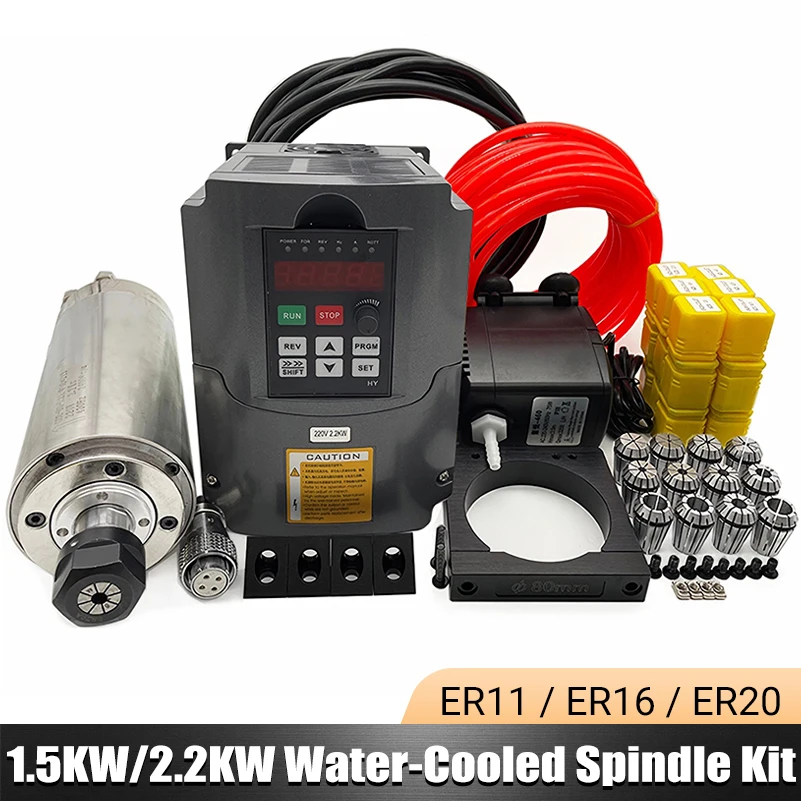1.5KW 2.2KW Water Cooled Spindle Kit with Huanyang VFD Inverter ER11 ER16 ER20 Collets Mount for Ultimate Bee QueenBee Pro CNC