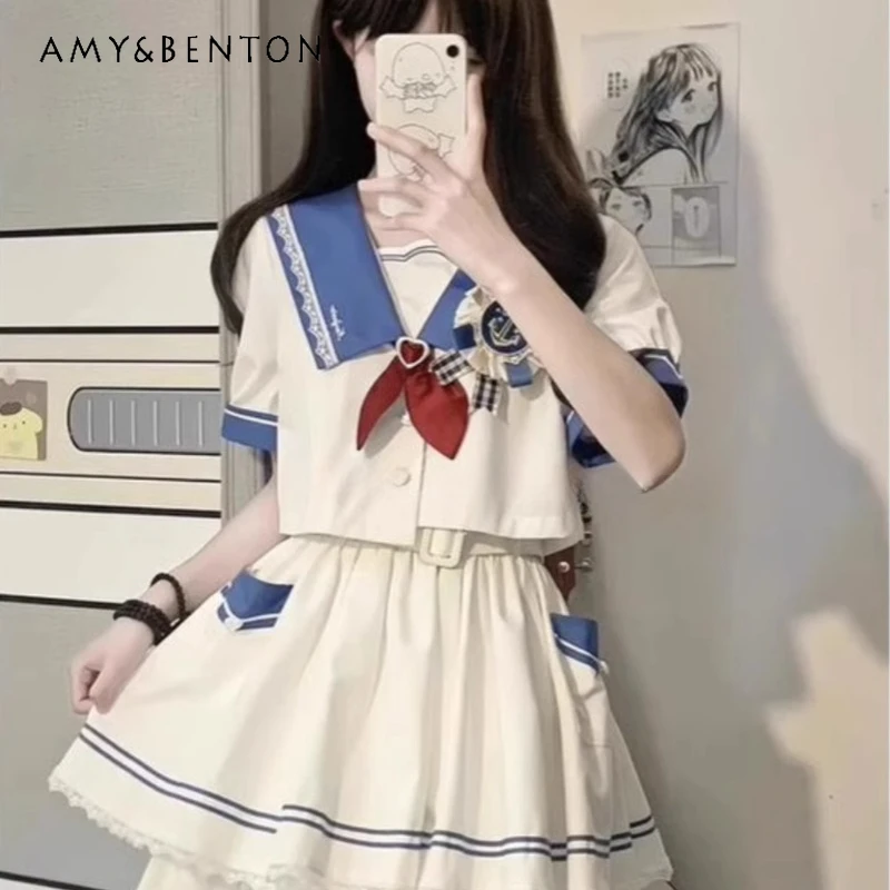 

2024 Japanese Summer JK Uniform Outfits Blue White Sailor Collar College Style Short Sleeves And Skirt Color Blocking Suit Girls