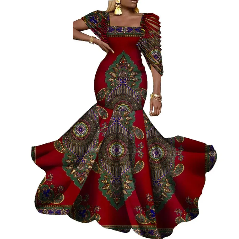 African Dresses for Women Wedding Party Elegant Lady Wax Print Plus Size Long Clothing Vestido KG920