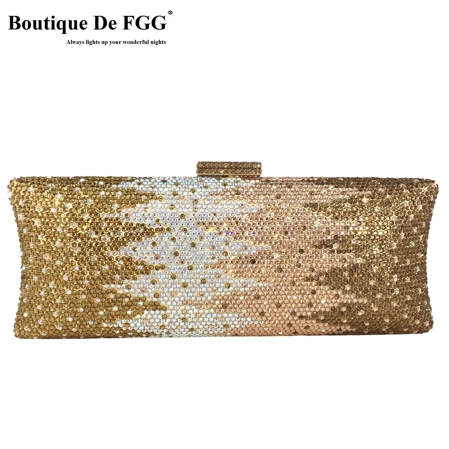 Boutique De FGG Graident Golden Women Long Evening Bags Formal Dinner Crystal Clutch Purses Bridal Rhinestones Clutch Handbags