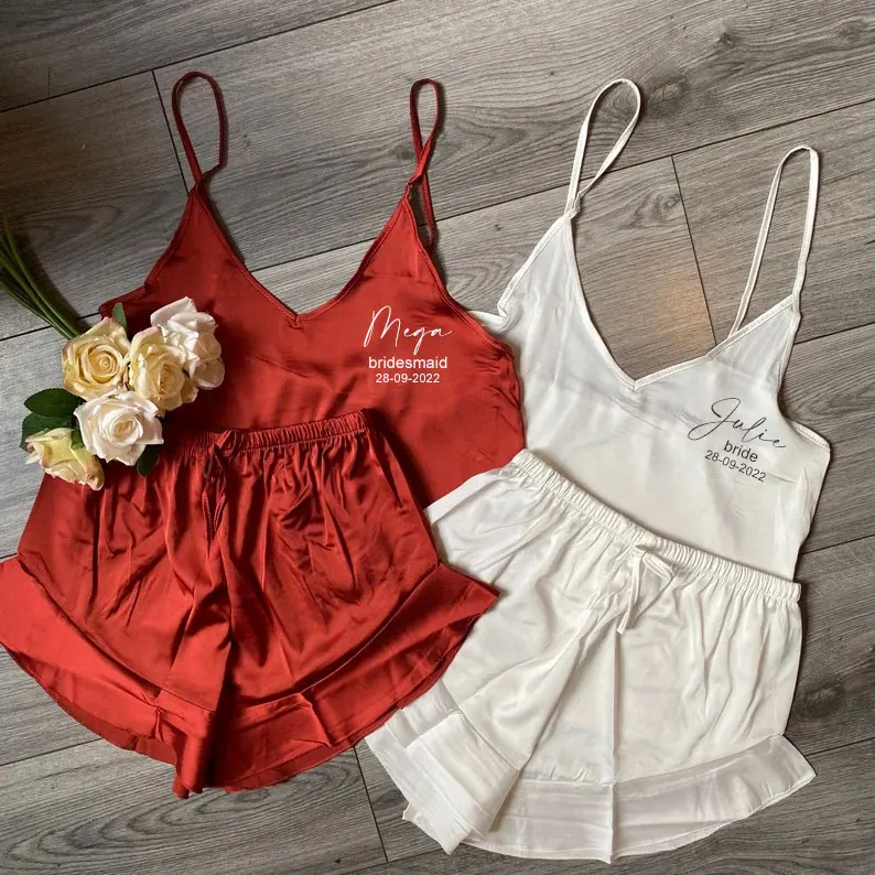 Satin Ruffle Cami Set Personalised Wedding Pjs Bridesmaid Gift Bride Pyjamas Satin Short Pyjamas Bridal Nightwear Bridesmaid Set