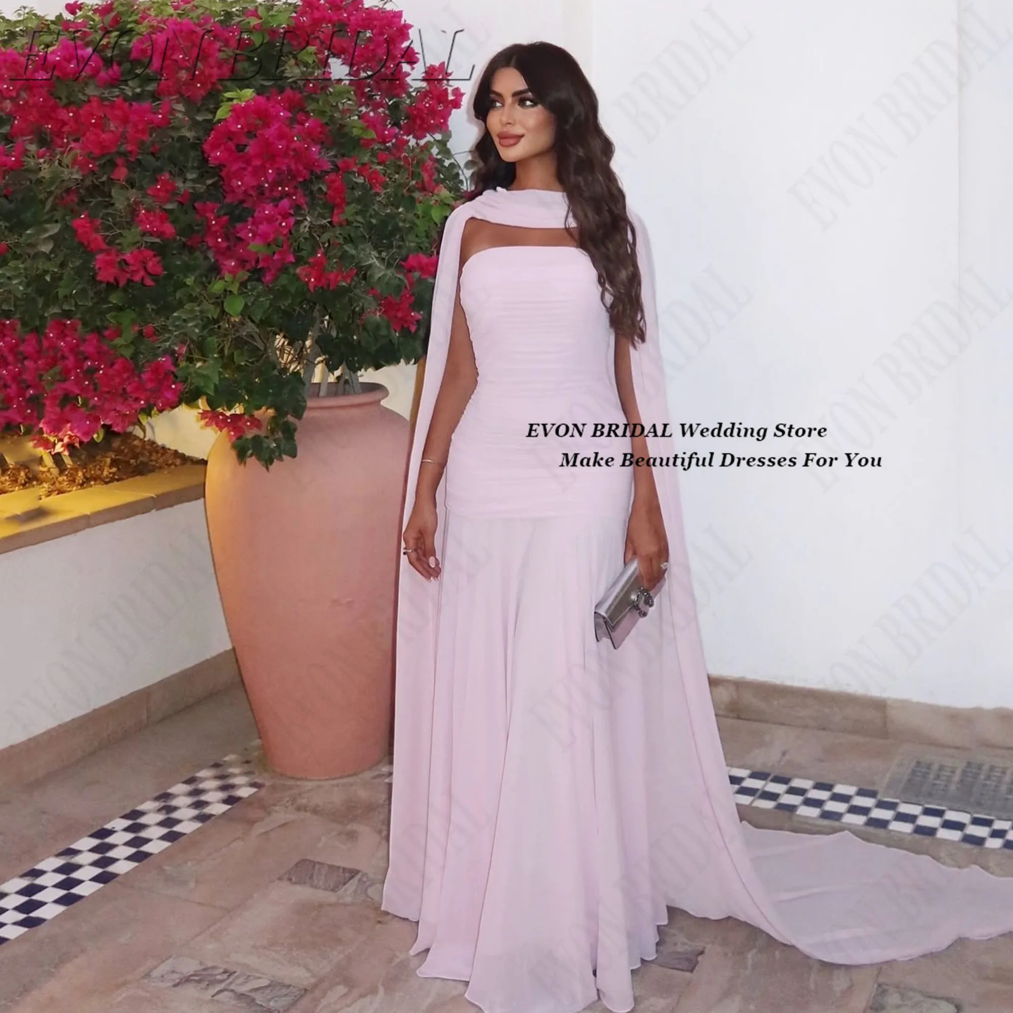

Arabic Evening Dress 2025 Pink Mermaid Pleated Chiffon Prom Dress Customized Floor Length Dubai Wedding Party Gown EVON BRIDAL