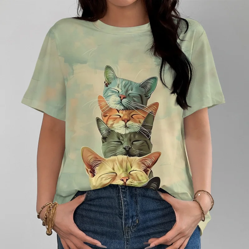 T-shirt d'été à manches courtes pour femmes, imprimé chat 3d, mode tempérament élégant, Streetwear, vêtements féminins populaires