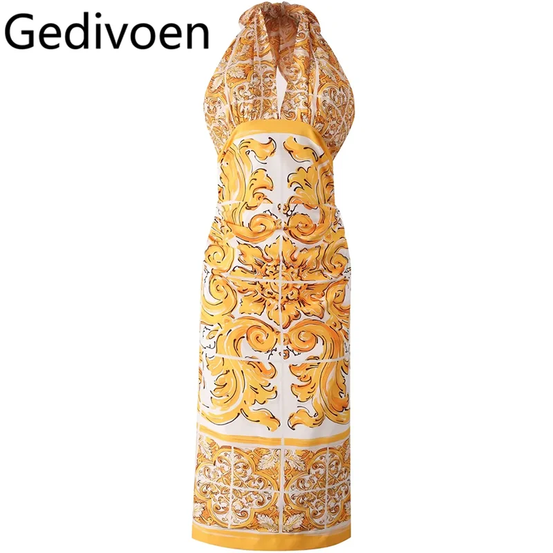 

Gedivoen Summer Fashion Runway Designer Dresses Women's Bohemian Print Hang One's Neck Backless Buttock Covering Dresses