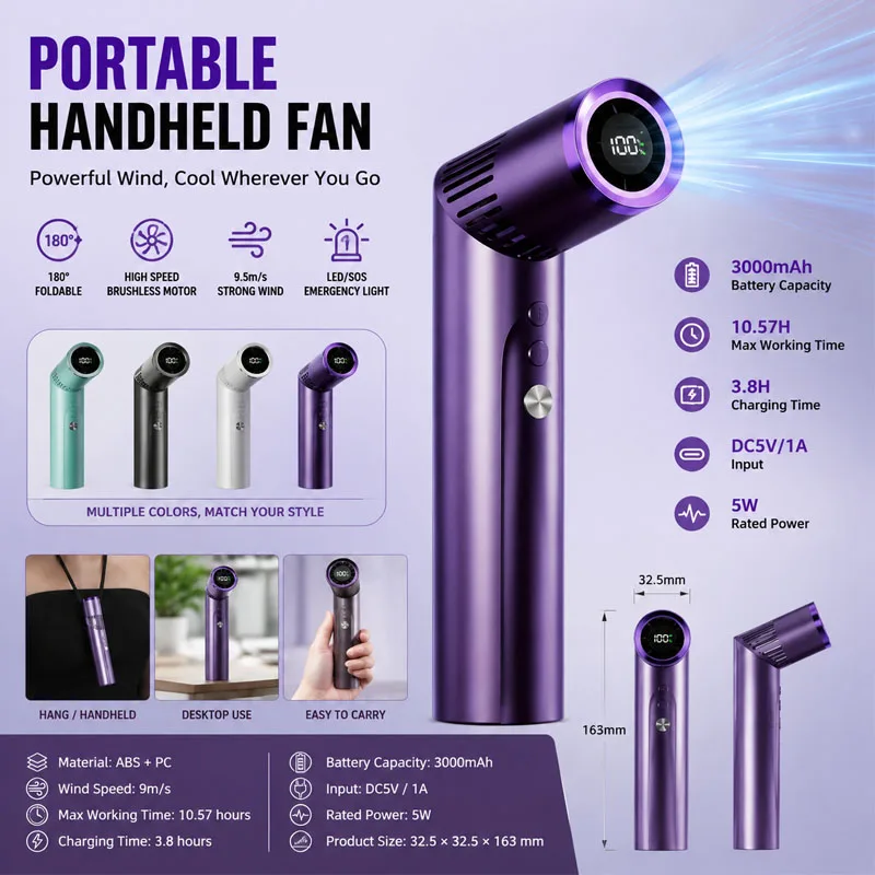 Mini ventilador portátil dobrável com motor sem escovas de 3000mAh, grande capacidade de carregamento, formato de batom, com visor LED.