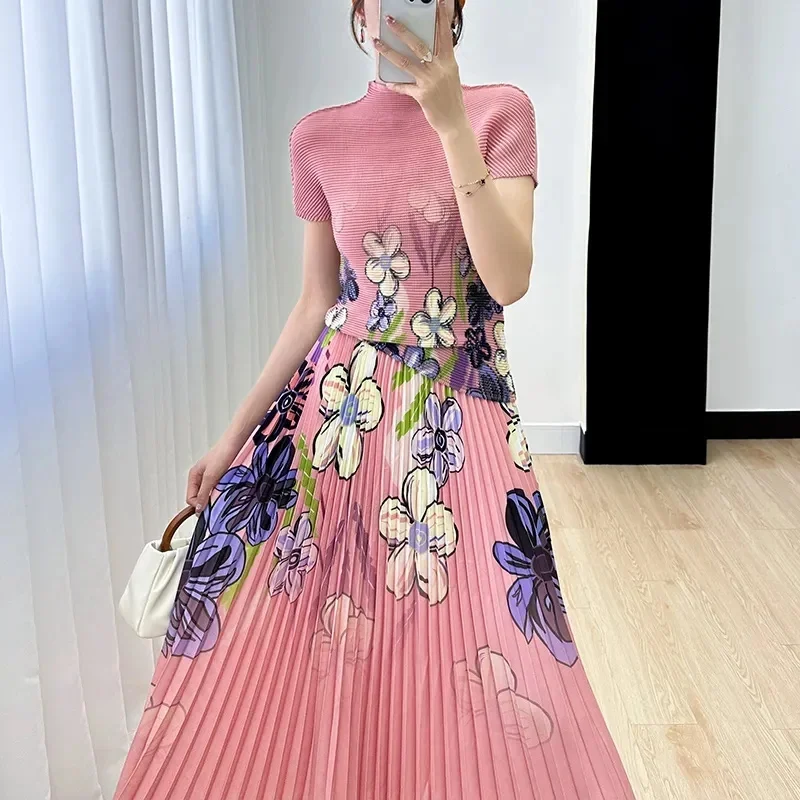 Women Summer Elegant Printed Short Sleeve Top +High Waist Pleated A-line Skirts Dress Sets Two Piece Set 2024 New Outfits