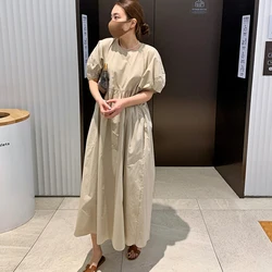 Johnature 2024 New Puff Sleeve Casual Tie Women Dresses Summer Korean Solid Color Puff Sleeve Loose Female Dress