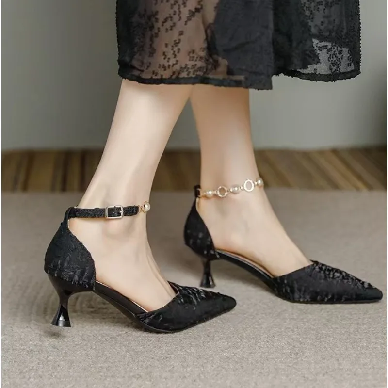 New Fashion Women's Pointed Toe Luxury Sequins Beaded Buckle Champagne Silver High Heel Sandals Party Wedding Shoes