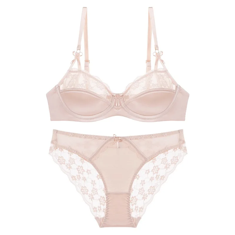 

Французский комплект женского белья: глянцевый кружевной бюстгальтер с эффектом уменьшения объема для большой груди, мягкий, с косточками, нежный и элегантный.