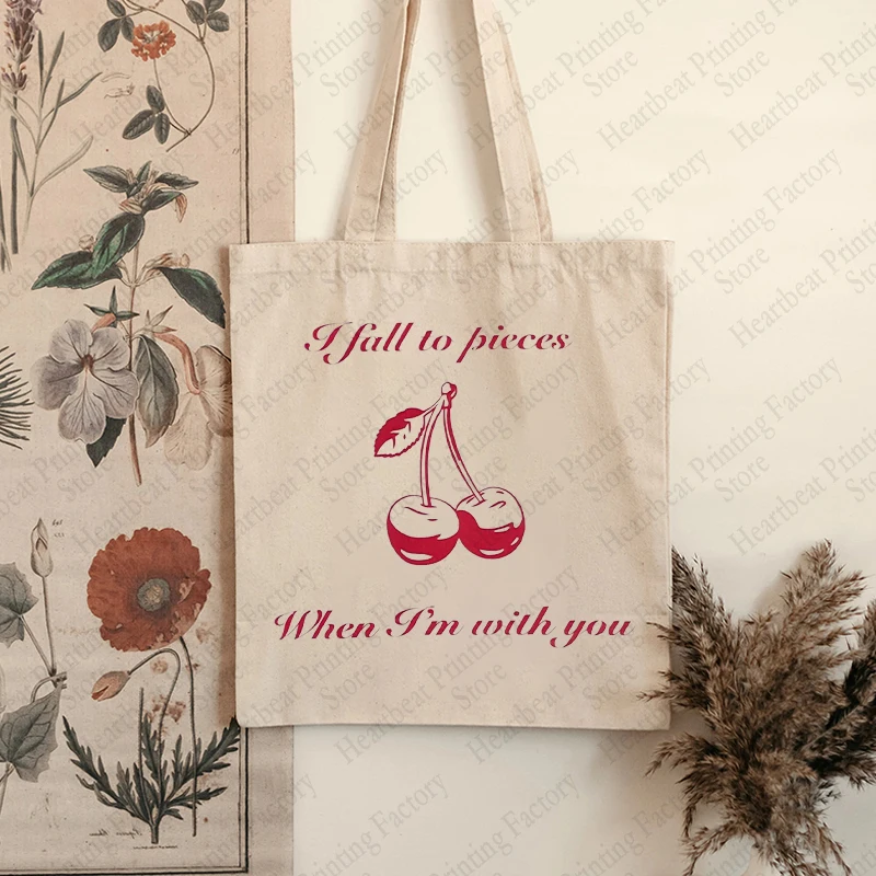 I Fall To Pieces When I\'m with You Patterned Handbag Aesthetic Tote Bags Cherry Canvas Bag Fruit Cute Shopping Bags