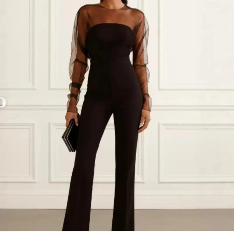 Daily Commuting Jumpsuit Women's Sexy Chest Mesh Stitching Long-sleeved Jumpsuit Spring Solid Color Slim Buttock One-piece Pants
