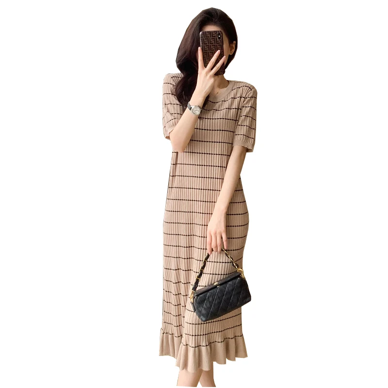 Women's striped short sleeved knitted dress 2024 summer new collection waist slimming temperament ruffle edge bottom skirt