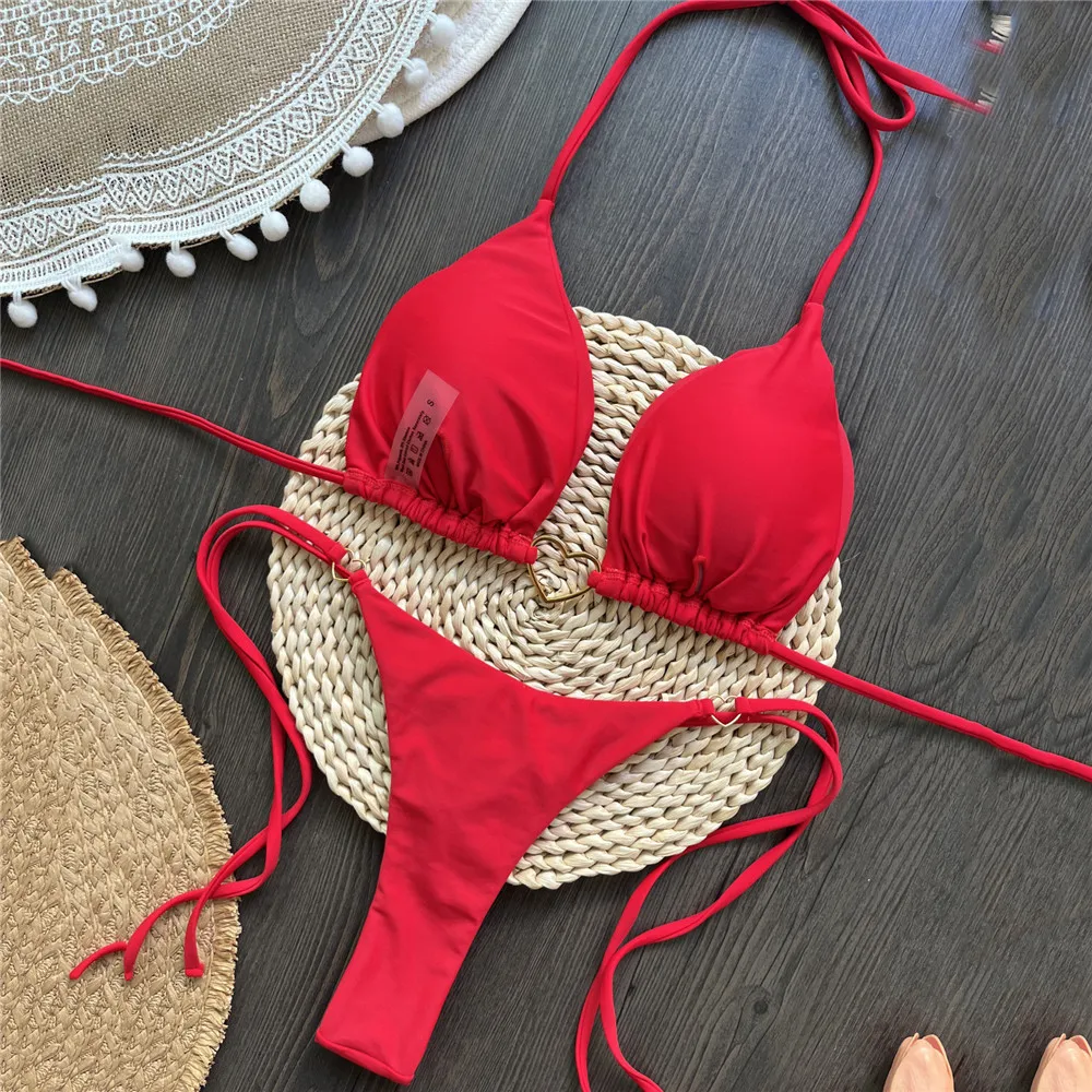 Red String Halter Triangle Micro Bikini Thong Metal Heart Swimwear Sexy Swimsuit Women 2025 Lace-up Bathing Suit Bikinis Sets