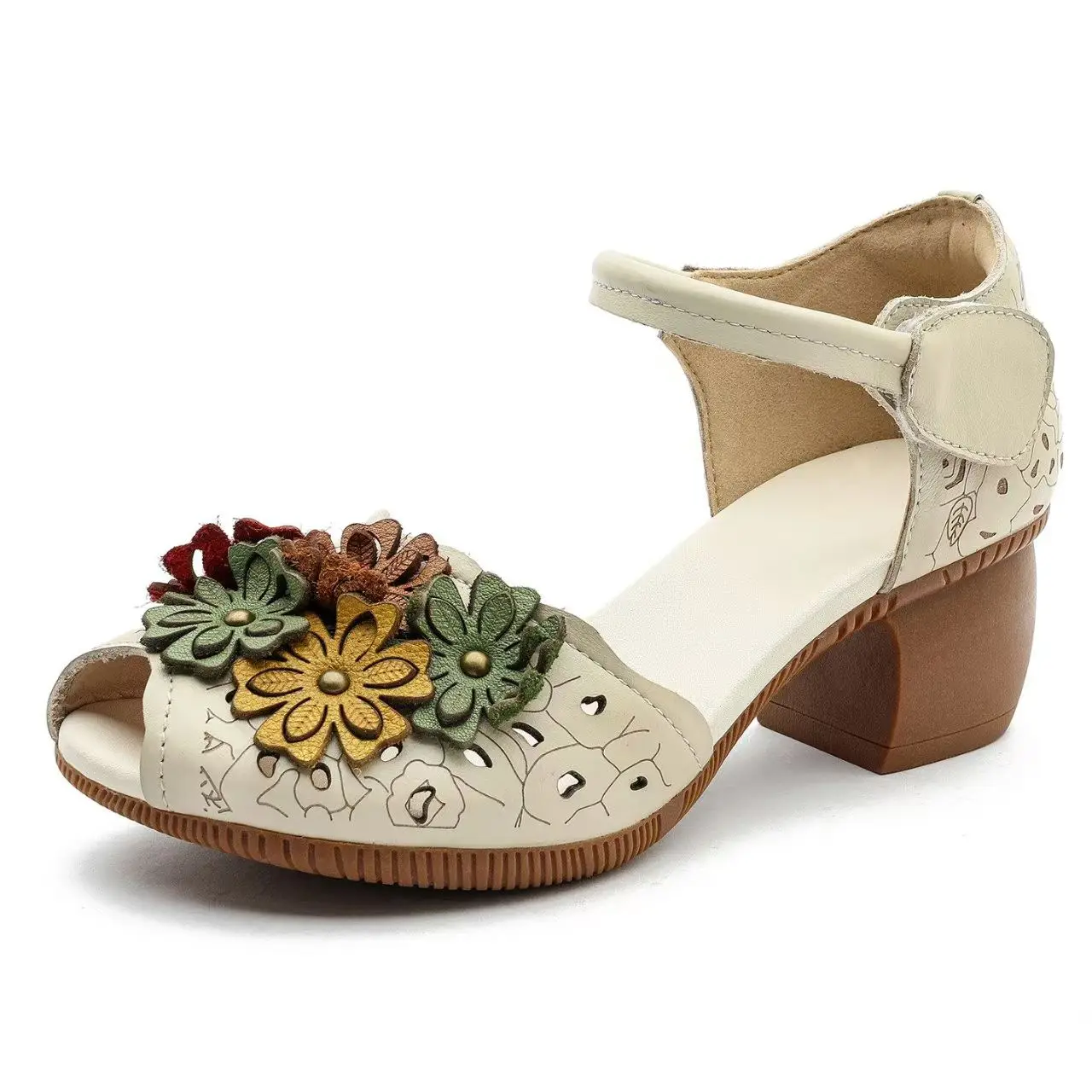 Women Summer New Flower Block Heel Peep Toe Sandals Ethnic Style Soft sole Cover Heel Buckle Strap Genuine Leather Modern Sandal