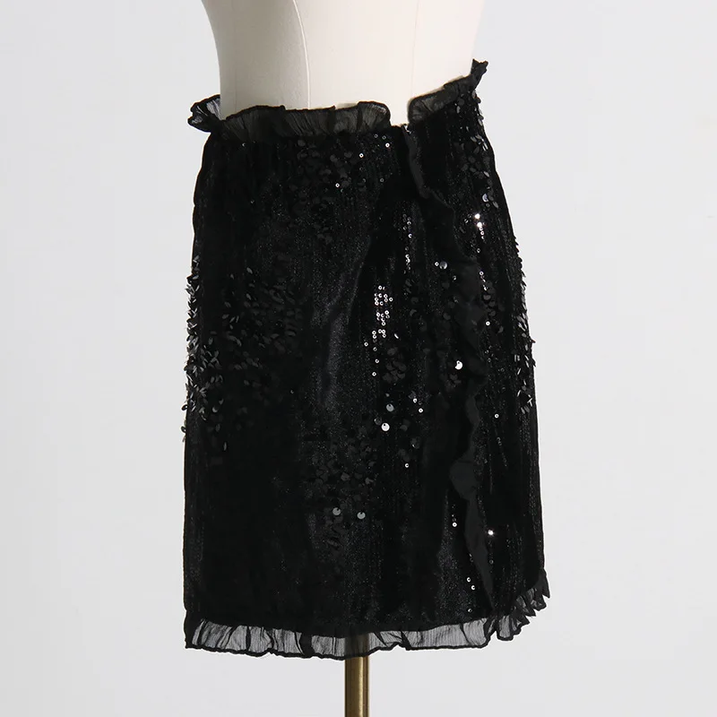 Sequin Short Skirt Fashion Temperament Women Ruffle Mesh Patchwork High Waist A Line Skirt Versatile Club Party Black