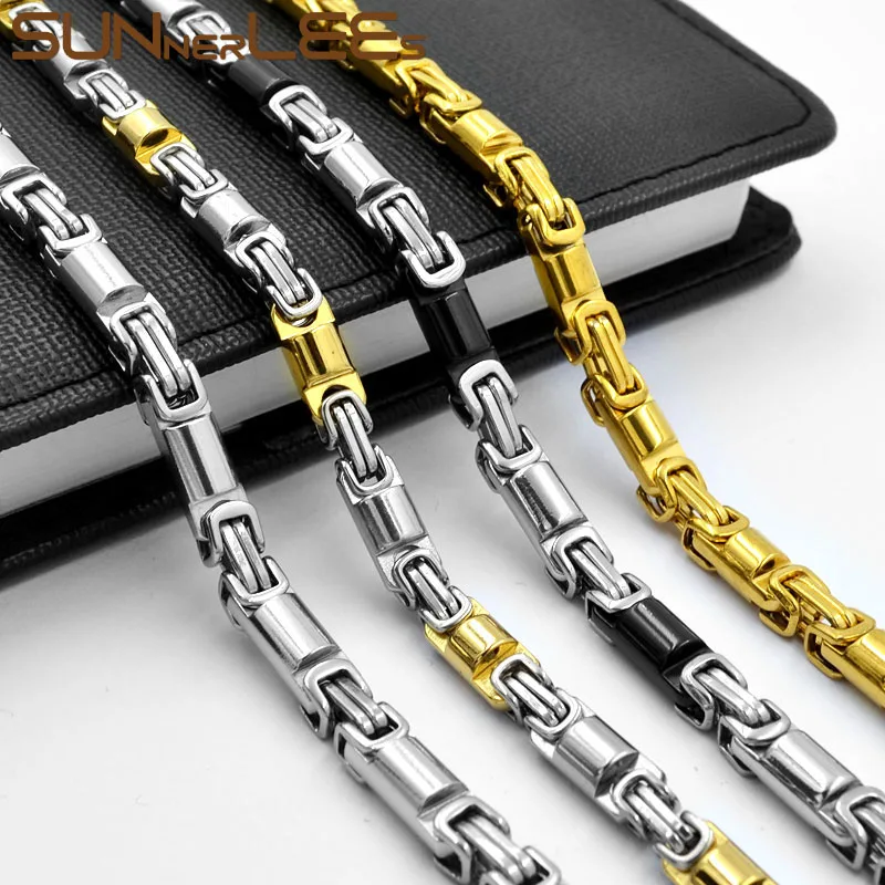 SUNNERLEES Jewelry Stainless Steel Necklace 6mm Geometric Byzantine Link Chain Silver Color Gold Plated Men Women Gift SC136