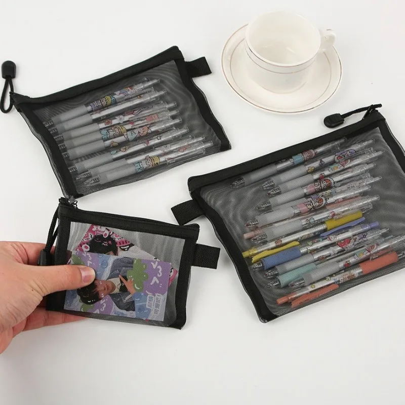 

S / M / L Size Black Mesh Pencil Stationery Bag PET Zipper Toiletry Bag Travel Cosmetics Jewelry Organizer Case Pouch Case