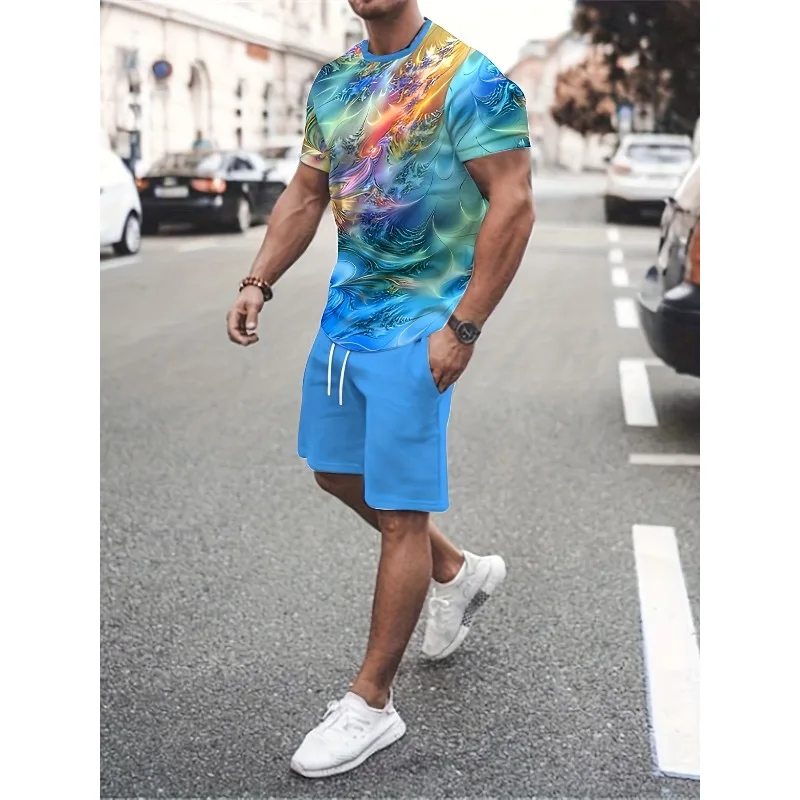 2025 Summer Fashion Men's Round Neck Short Sleeved T-shirt and Shorts 2-piece Set 3D Printed Sports Polyester Fiber Set