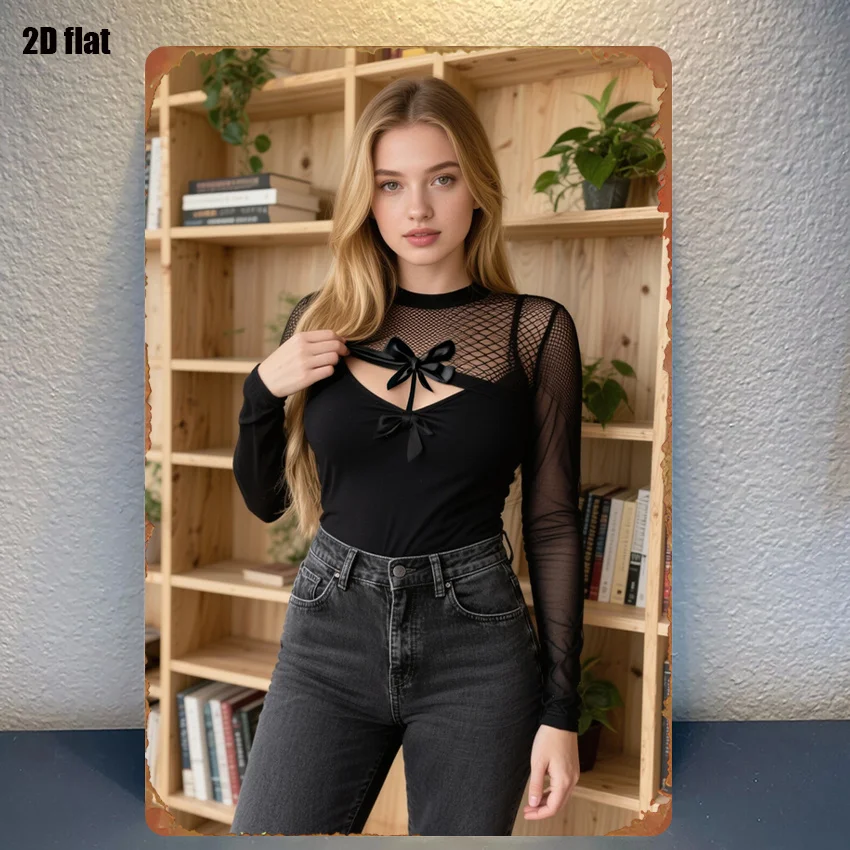 2D Flat - 1pc Metal Sign Featuring a Stylish Black Top with Mesh Detailing Paired with High-Waisted Jeans, Suitable for Farmhous