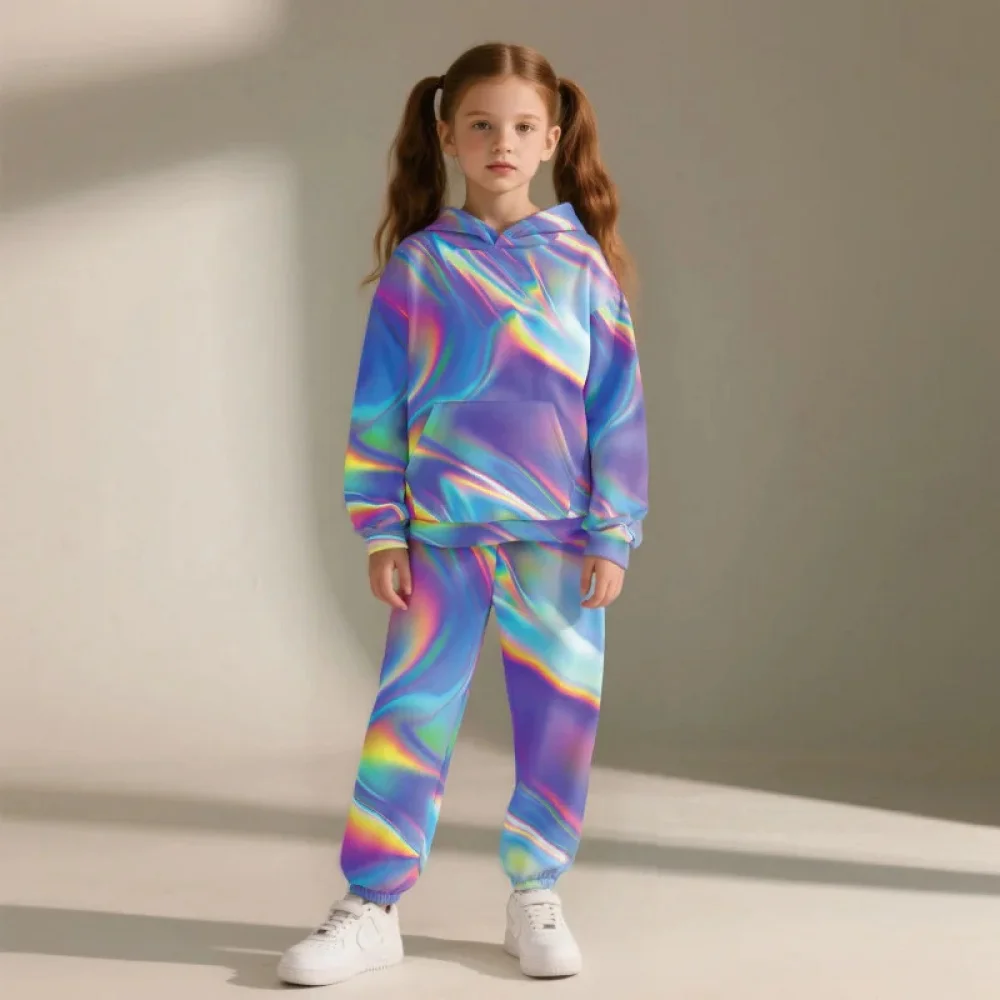 Holographic Rainbow 2 Piece Kids Tracksuit Set - Girls Casual Outfit Sweatshirt Set Hot Sale 2026