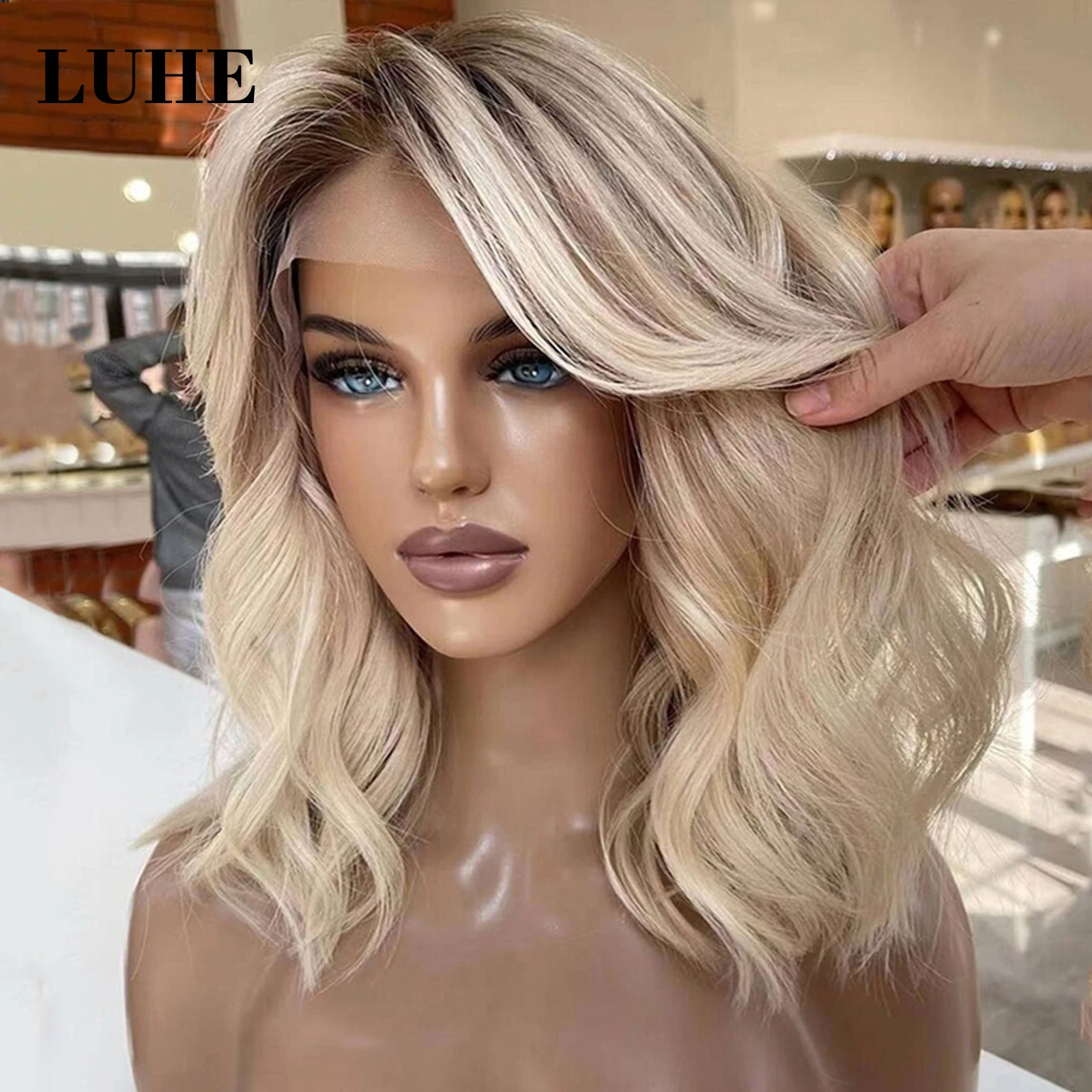 Perruque Lace Frontal Wig synthétique Bob ondulée naturelle à reflets blonds, perruque Lace Front Wig pour femmes, usage quotidien, ombré 613 couleurs, 13x3