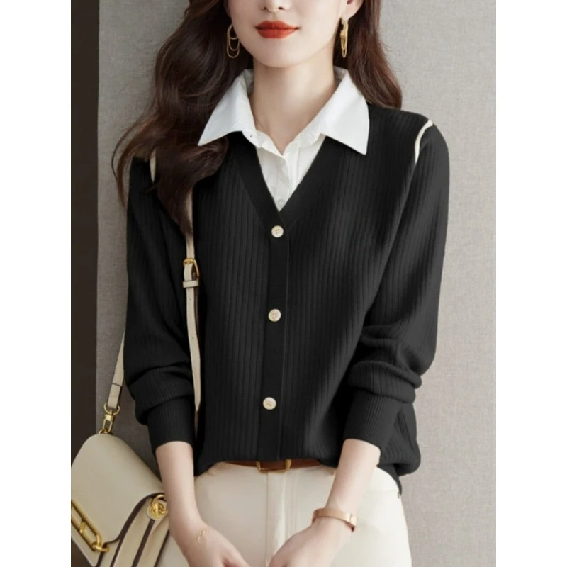 Clearance Brand Label Cutting Tail Goods Fake Two-piece Top Foreign Style Spring and Autumn Shirt Collar Loose Knitted Sweater