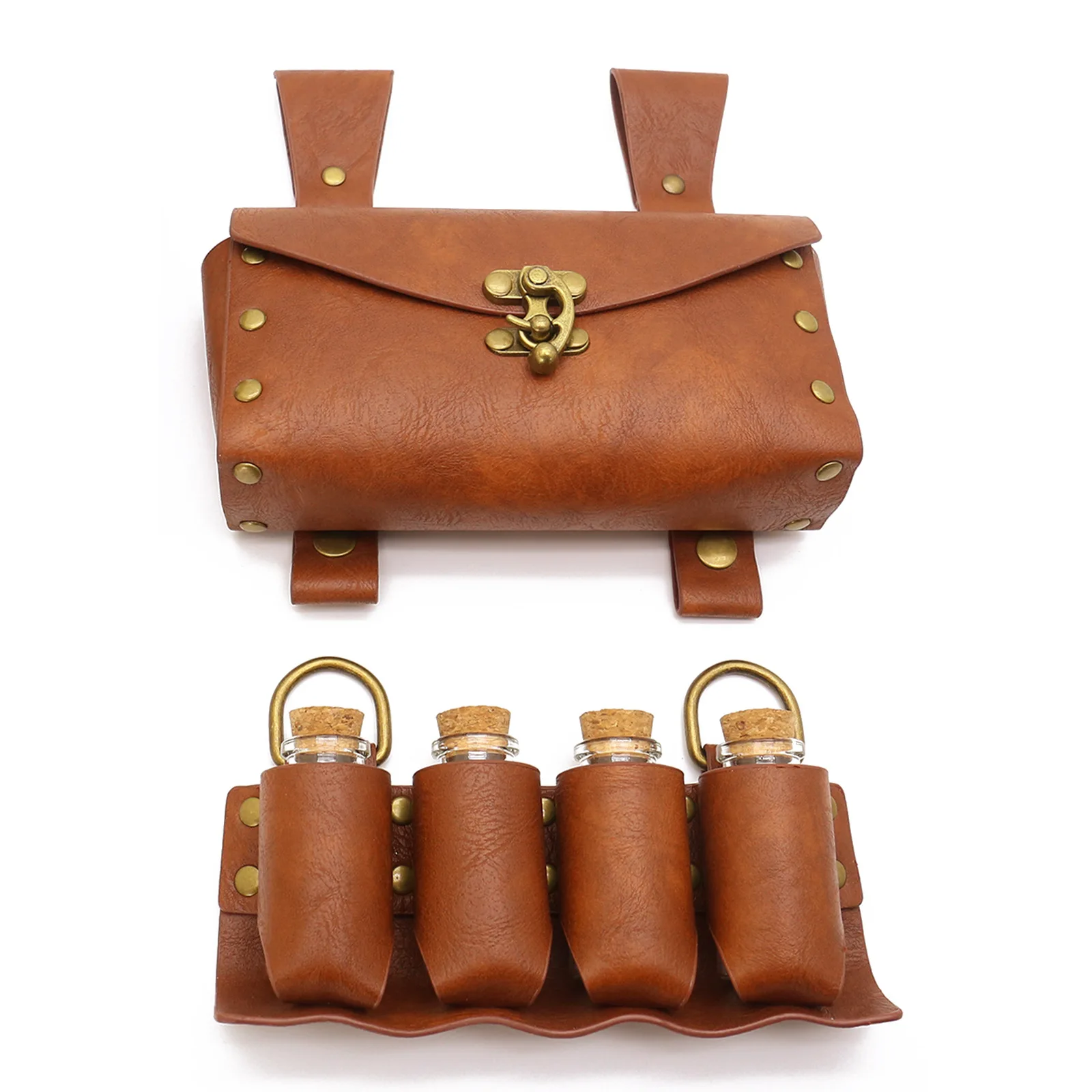 3pcs Medieval Viking Leather Belt Set Vintage Fanny Pack with Cork Potion Bottle Skirt Clip for Ren Faire Halloween Cosplay Party - view 3