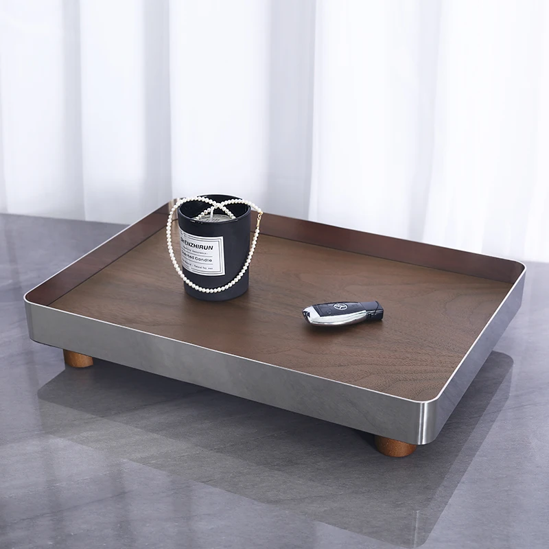 Nordic Style Luxury Tray Set - High-End Walnut And Stainless Steel Tea Coffee Whiskey Serving Plate for Snacks Fruits Desserts
