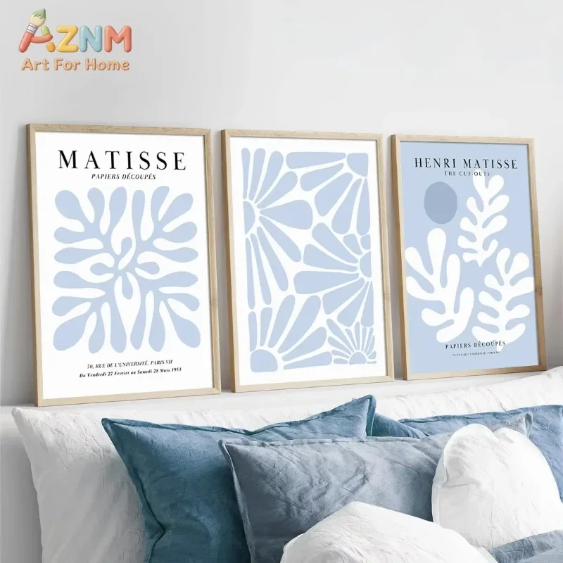 AZNM 3pcs Abstract Blue Matisse Canvas Wall Art Exhibition Poster, Picture Mural, Minimalist Living Room Bedroom Home Decoration